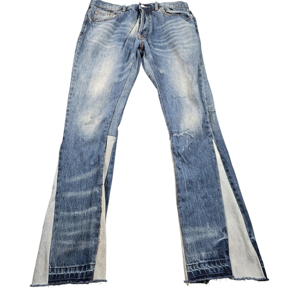 Mnml Jeans Mens 34x32 Blue Medium Wash Flare Contrast Panel Button Fly Denim